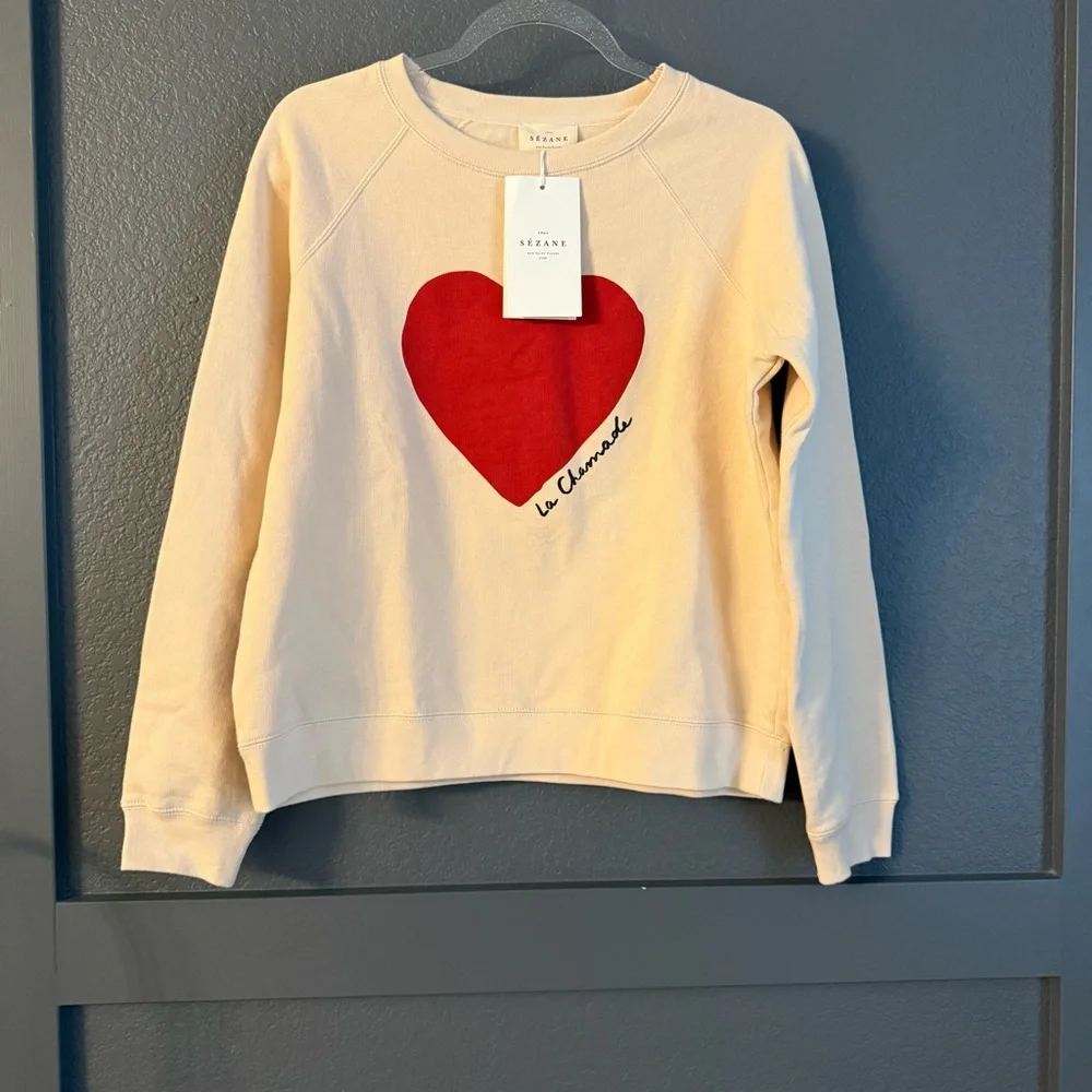 SEZANE • nwt la chamade sweatshirt - small red cream heart - Picture 3 of 6